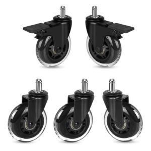 hirate 5 pack office chair casters (2 with brakes, 3 without), 3" lockable heavy duty swivel caster replacements smooth rolling for hardwood floor carpet