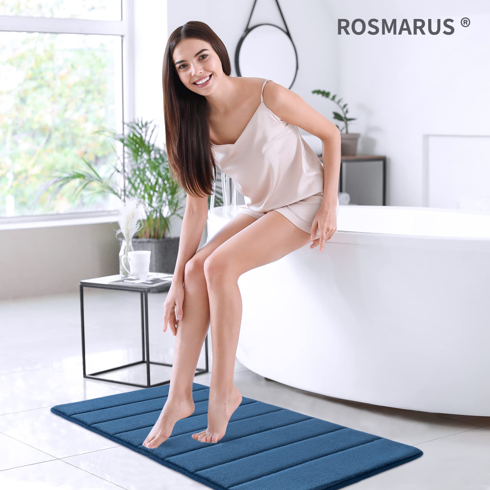 ROSMARUS Memory Foam Bath Mat 20” x 32”, Water Absorbent Shower Mat, Thick Bath Rugs for Bathroom Non Slip with PVC Backing, Ultra Soft Bathroom Rugs for Bathroom Floor & Tub, Navy