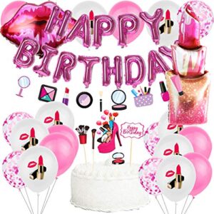 spa makeup party supplies with spa latex balloon,lipstick foil balloons,happy birthday balloons banner,make up garland banner cake toppers for kids nail girl theme,salon,spa birthday party decorations