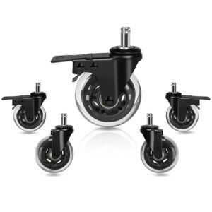 hirate 3" chair casters heavy duty lockable swivel caster replacement with plug-in stem 7/16" x 7/8" for home office chairs (pack of 5, 3 with dual brake & 2 without)