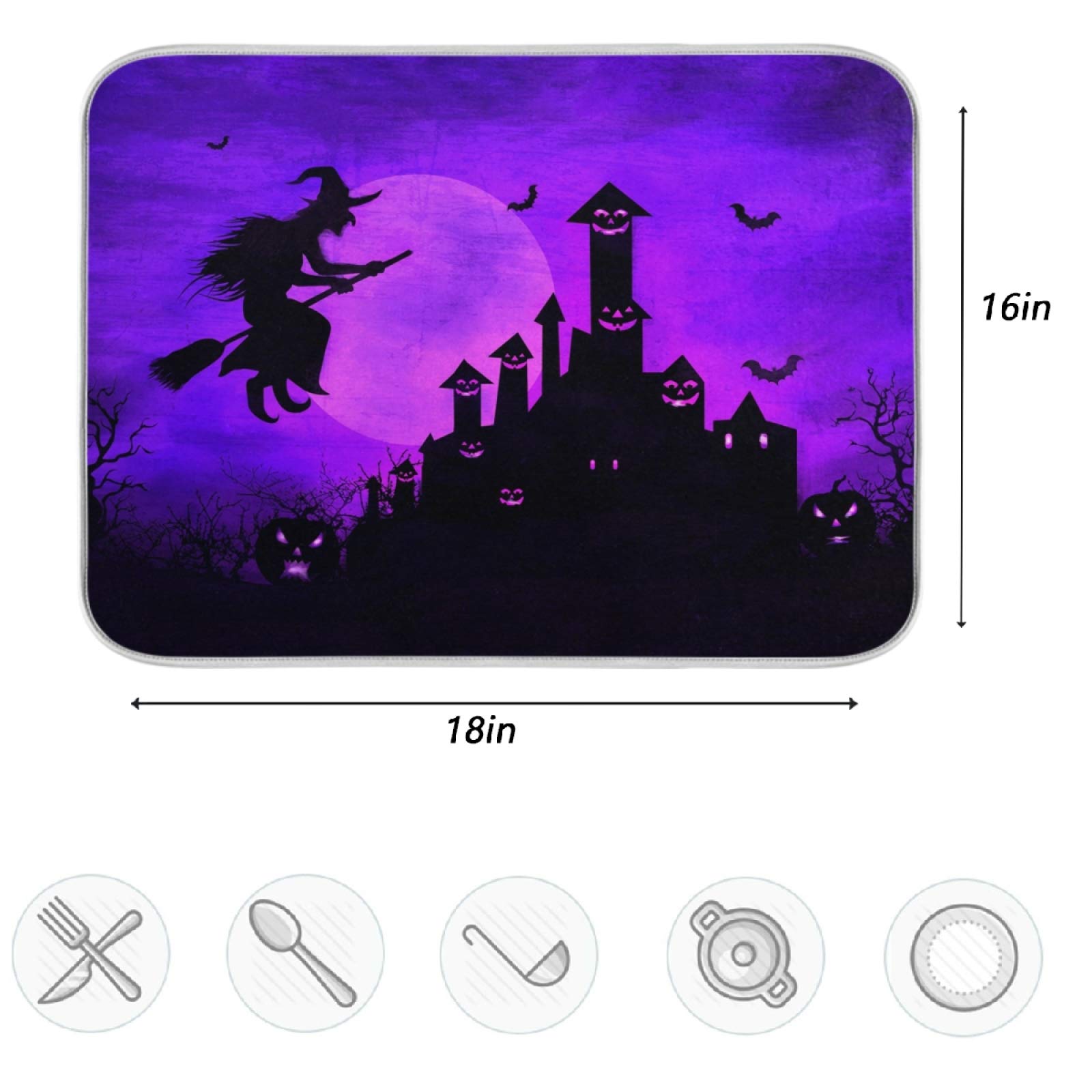 ZzWwR Halloween Night Flying Witch Absorbent Dish Drying Mat Microfiber Kitchen Countertop Table Protector Multi-Purpose Counter Rack Sink Drainer Pad (16" x 18")