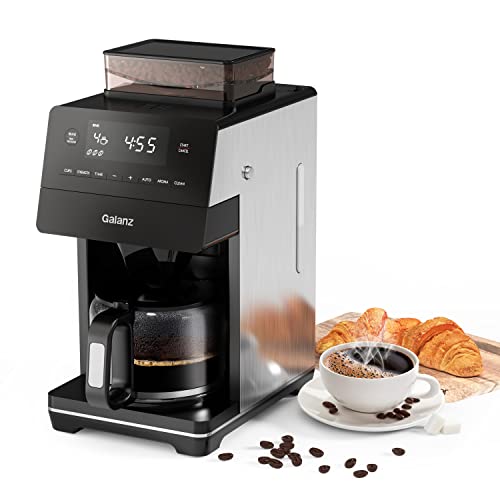 Galanz 2-in-1 Grind and Brew Coffee Maker with Adjustable Grind Size, Digital LED Touch Screen, Removable Coffee Filter Basket, Clean Indicator Light, 1000W, 12-Cup, Stainless Steel