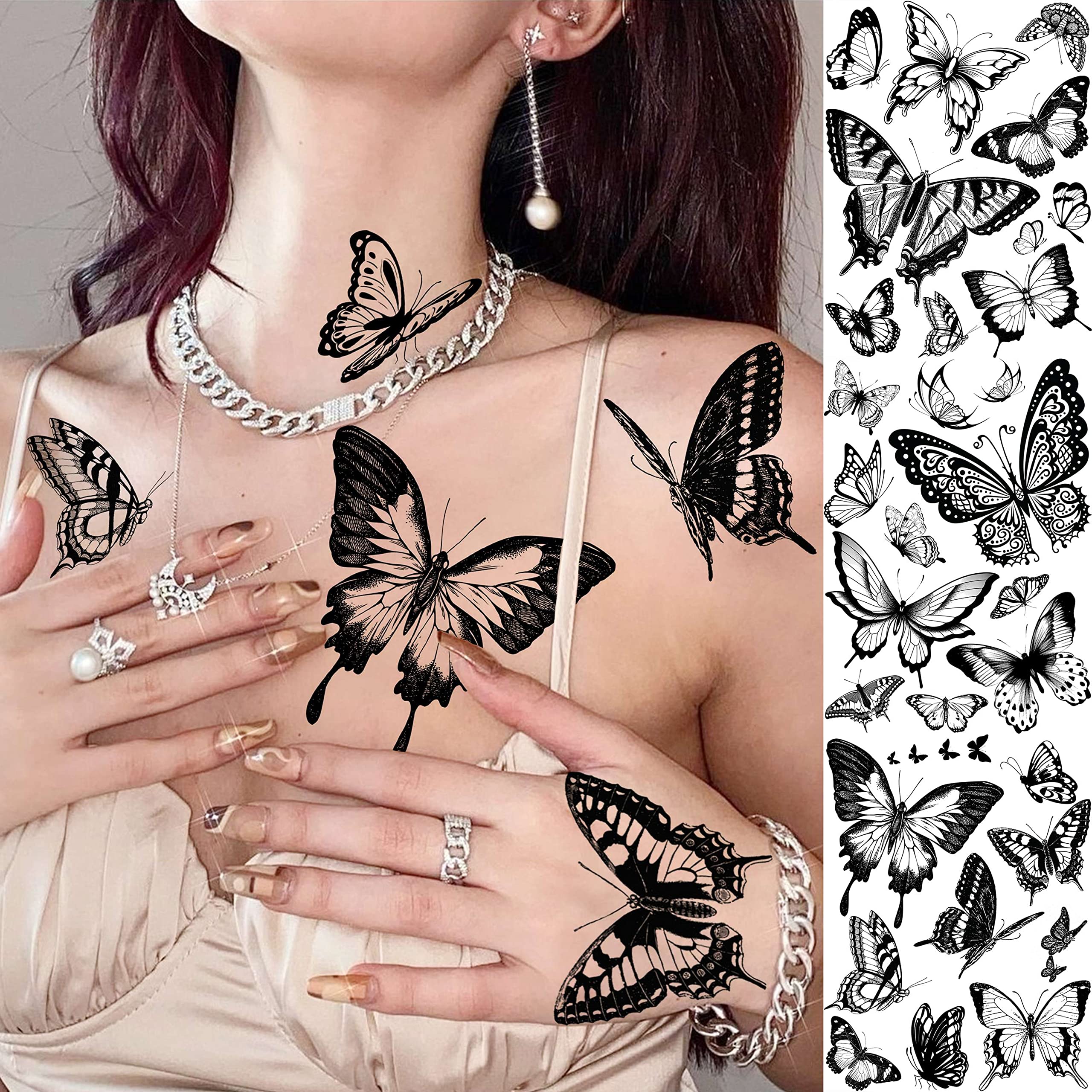 COKTAK 6 Sheets Large Black Butterfly Temporary Tattoos For Women Boobs Girls Neck Adults, Sexy Realistic Butterfly Temp Tattoos Sticker Back Waist, 3D Fake Tattoos That Look Real And Last Long