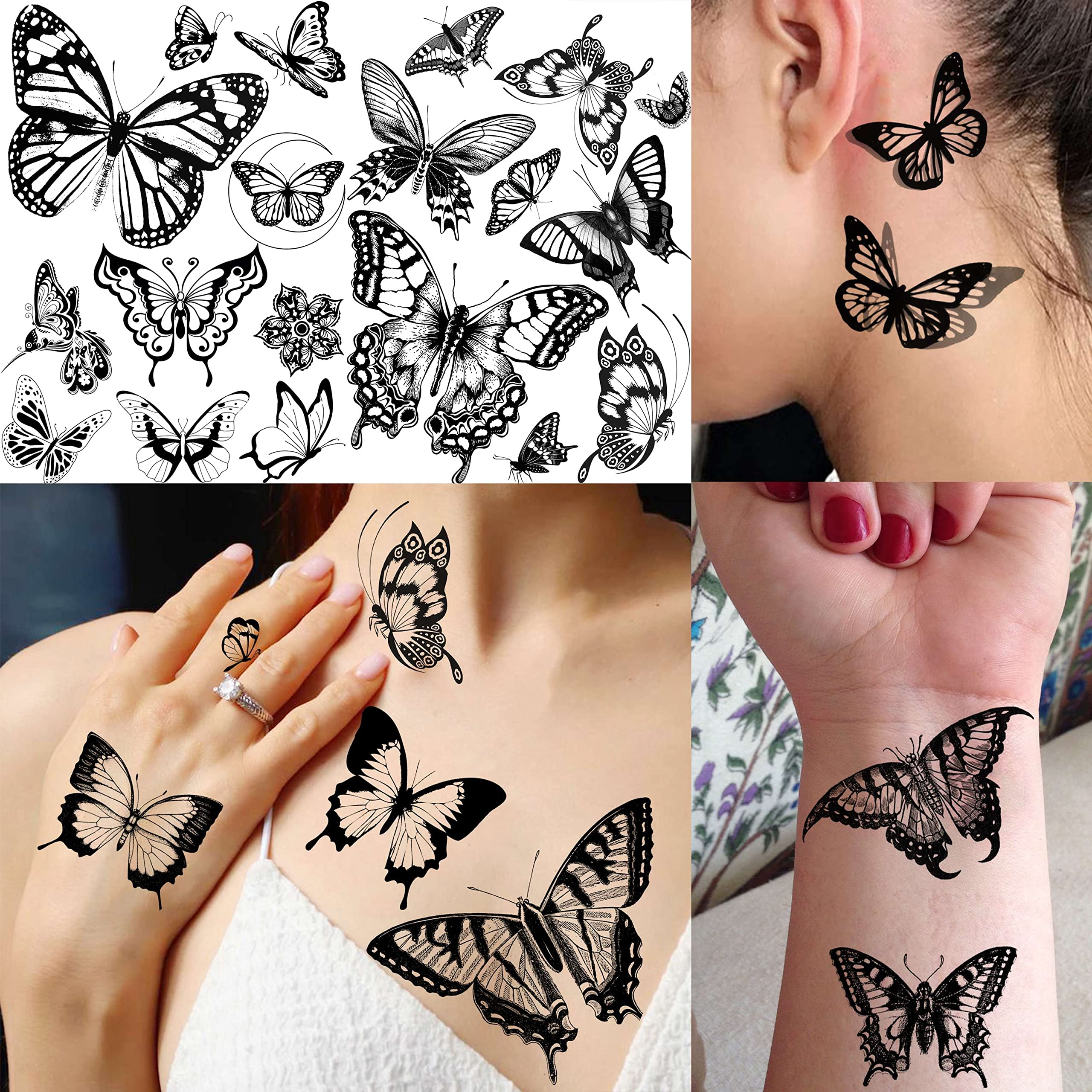 COKTAK 6 Sheets Large Black Butterfly Temporary Tattoos For Women Boobs Girls Neck Adults, Sexy Realistic Butterfly Temp Tattoos Sticker Back Waist, 3D Fake Tattoos That Look Real And Last Long