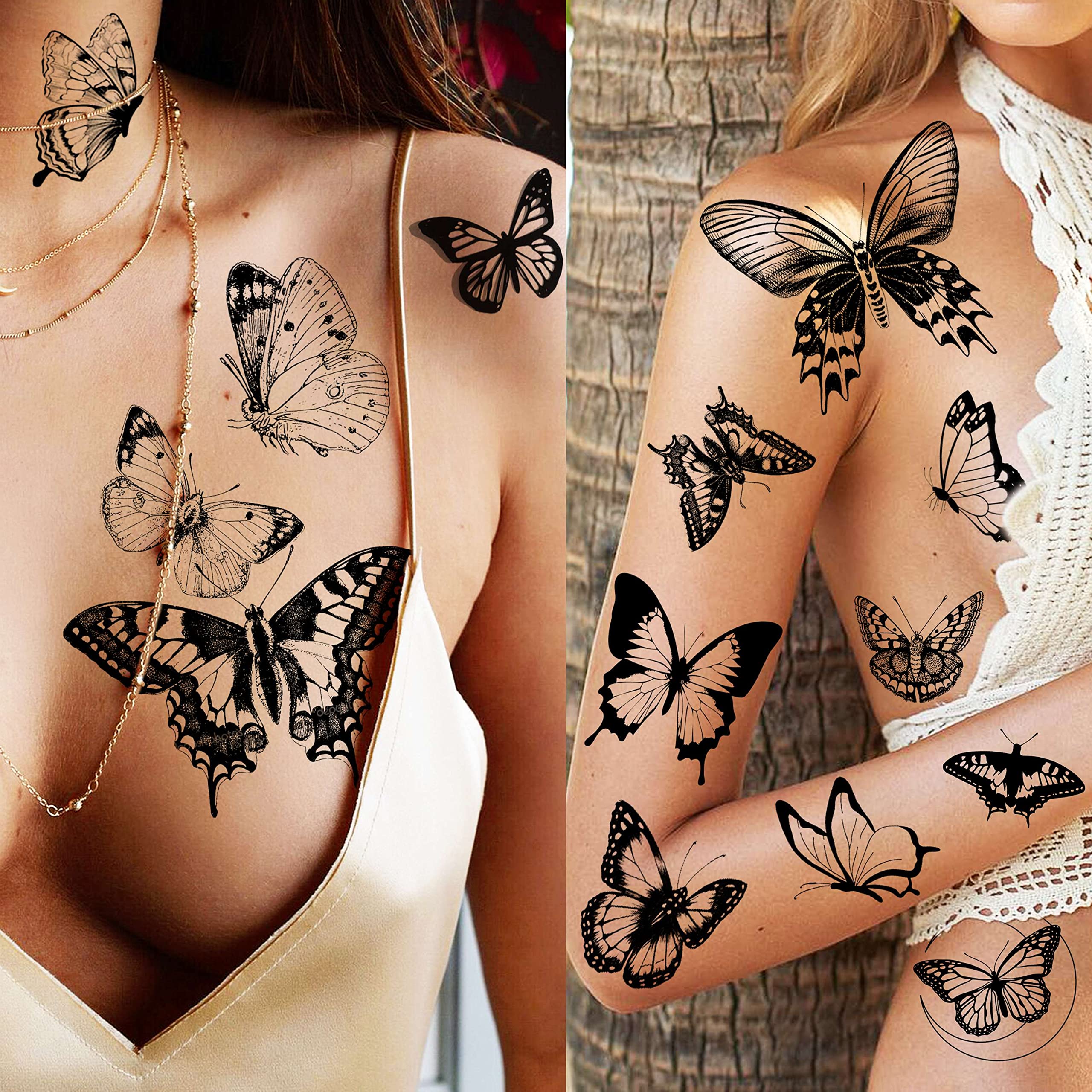 COKTAK 6 Sheets Large Black Butterfly Temporary Tattoos For Women Boobs Girls Neck Adults, Sexy Realistic Butterfly Temp Tattoos Sticker Back Waist, 3D Fake Tattoos That Look Real And Last Long