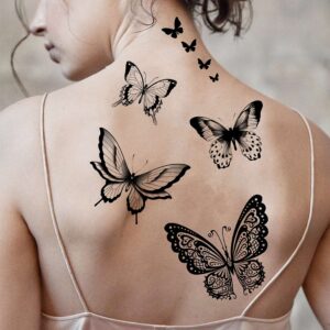 COKTAK 6 Sheets Large Black Butterfly Temporary Tattoos For Women Boobs Girls Neck Adults, Sexy Realistic Butterfly Temp Tattoos Sticker Back Waist, 3D Fake Tattoos That Look Real And Last Long