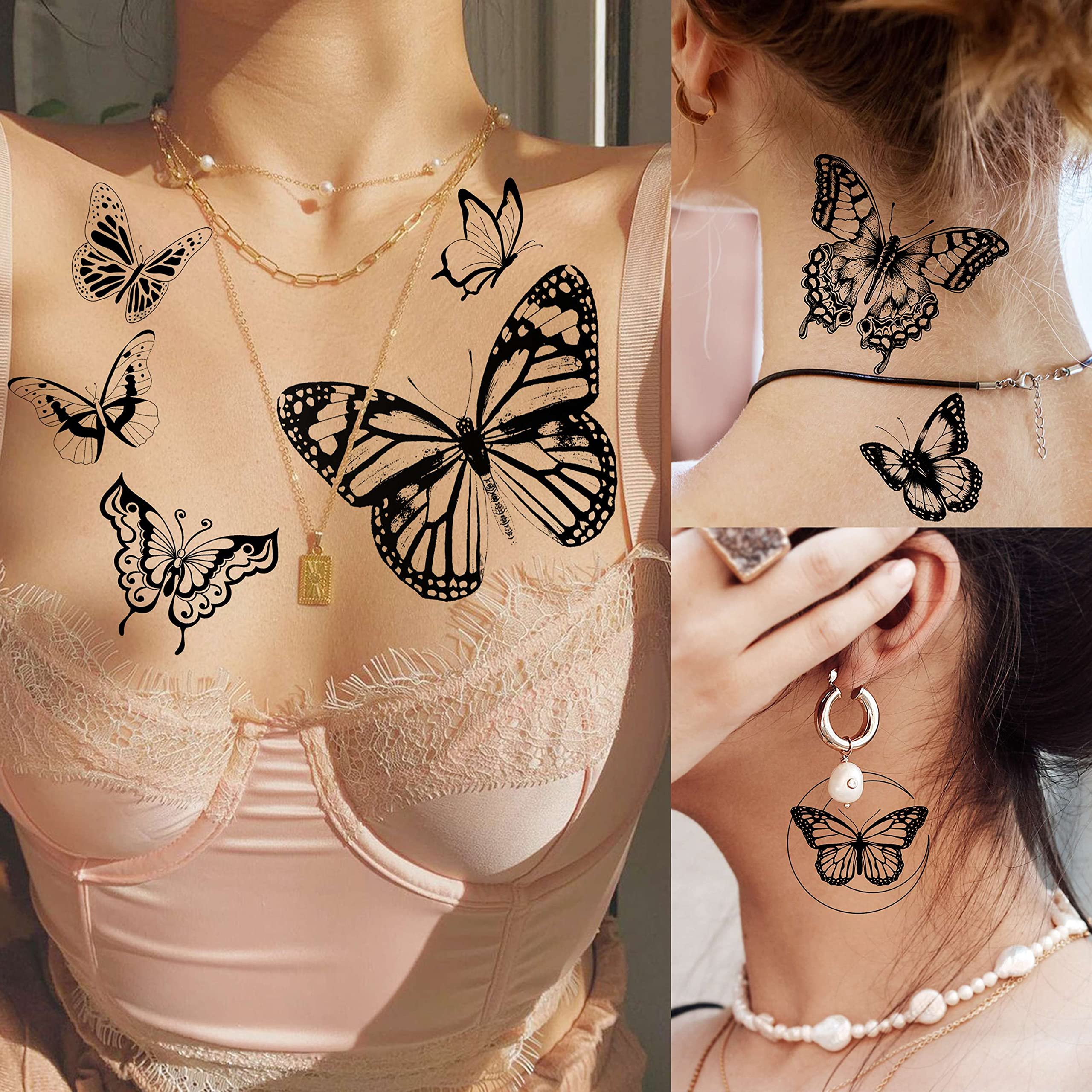 COKTAK 6 Sheets Large Black Butterfly Temporary Tattoos For Women Boobs Girls Neck Adults, Sexy Realistic Butterfly Temp Tattoos Sticker Back Waist, 3D Fake Tattoos That Look Real And Last Long