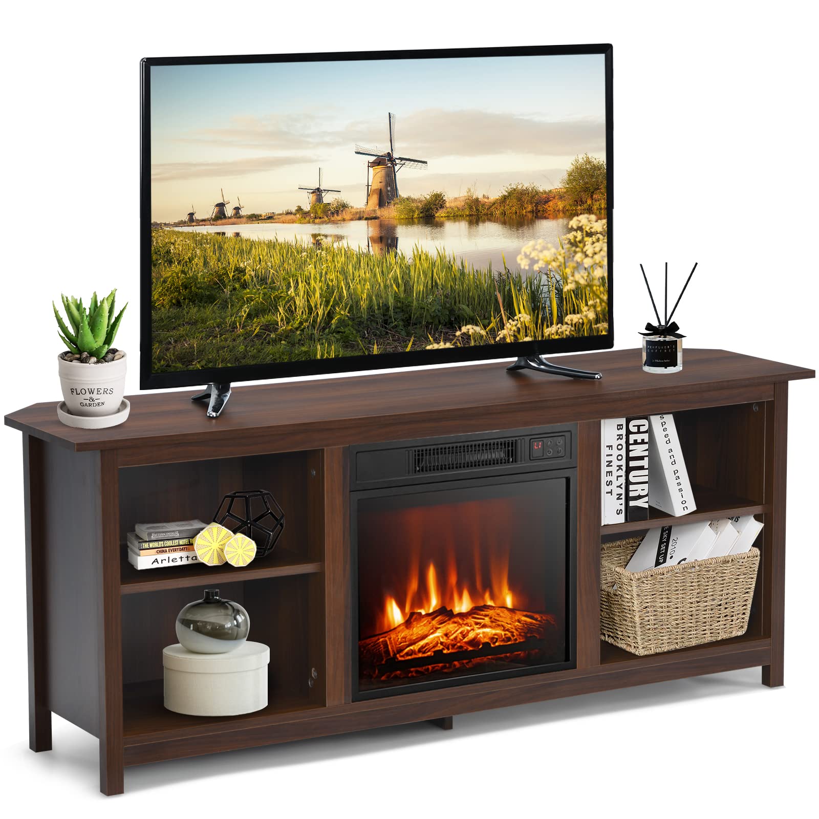 Tangkula TV Stand with Electric Fireplace, for TVs up to 65 Inches, with 18 Inches 1400W Electric Fireplace, with Remote Control, 3 Level Adjustable Flame & Timer, for Living Room, Bedroom