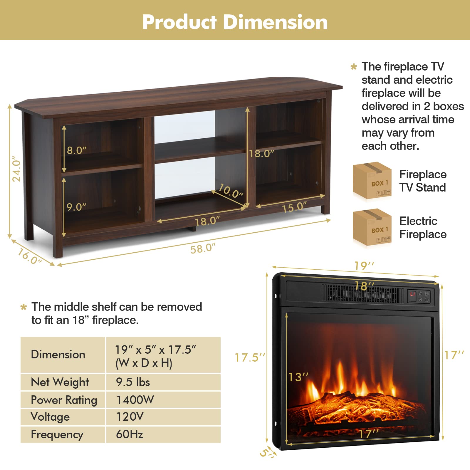 Tangkula TV Stand with Electric Fireplace, for TVs up to 65 Inches, with 18 Inches 1400W Electric Fireplace, with Remote Control, 3 Level Adjustable Flame & Timer, for Living Room, Bedroom