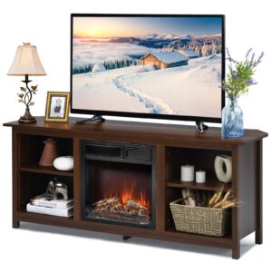 tangkula fireplace tv stand, 58 inches entertainment media console center w/18 inches 1500w electric fireplace, w/remote control and adjustable brightness, tv stand fireplace for tv up to 65 inches