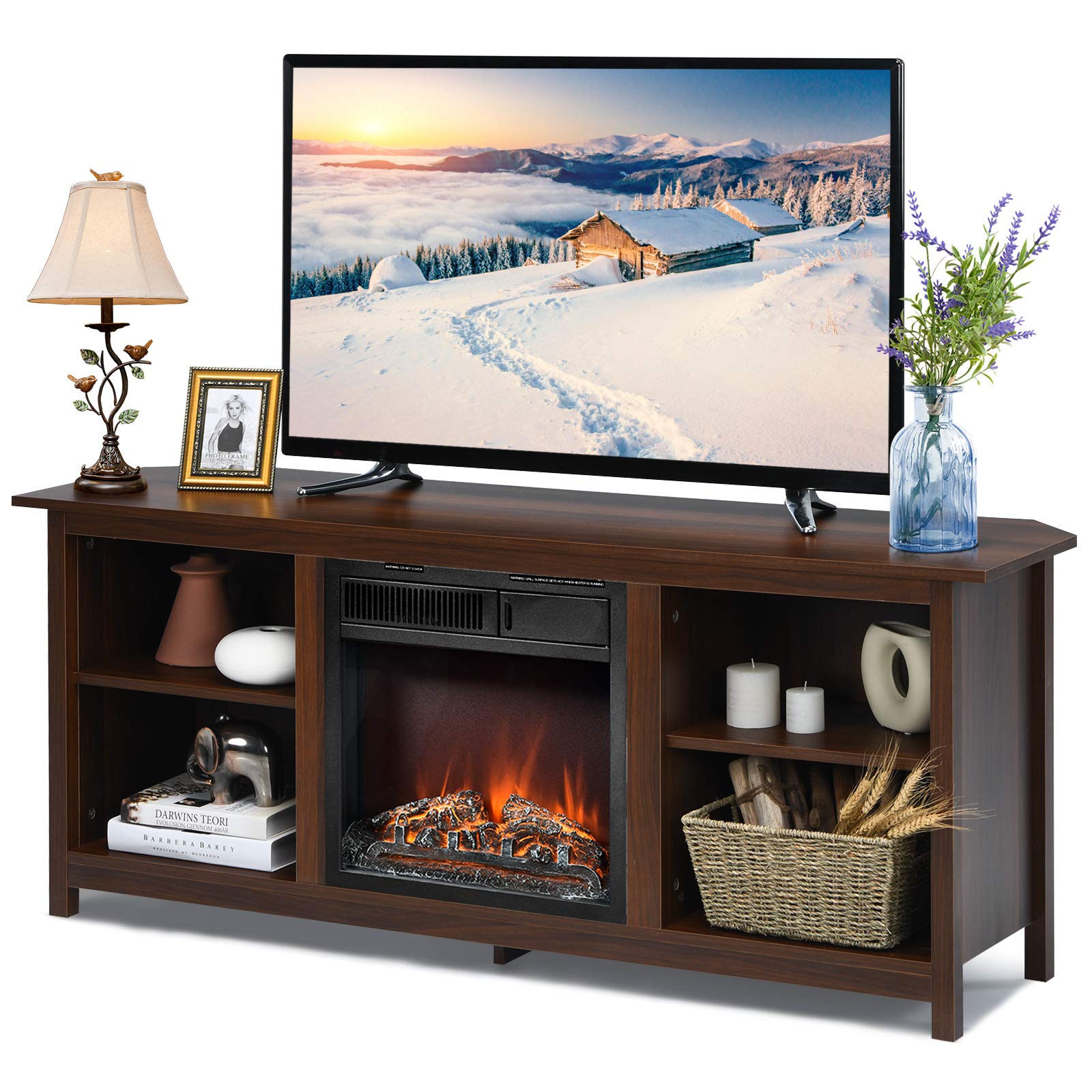 Tangkula Fireplace TV Stand, 58 Inches Entertainment Media Console Center w/18 Inches 1500W Electric Fireplace, w/Remote Control and Adjustable Brightness, TV Stand Fireplace for TV Up to 65 Inches