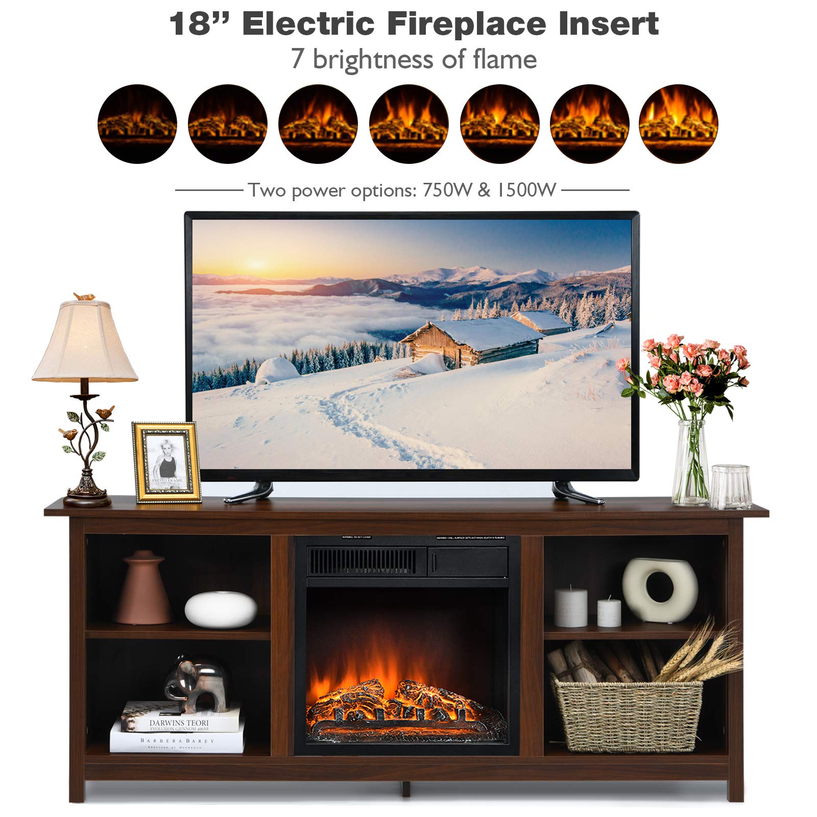 Tangkula Fireplace TV Stand, 58 Inches Entertainment Media Console Center w/18 Inches 1500W Electric Fireplace, w/Remote Control and Adjustable Brightness, TV Stand Fireplace for TV Up to 65 Inches