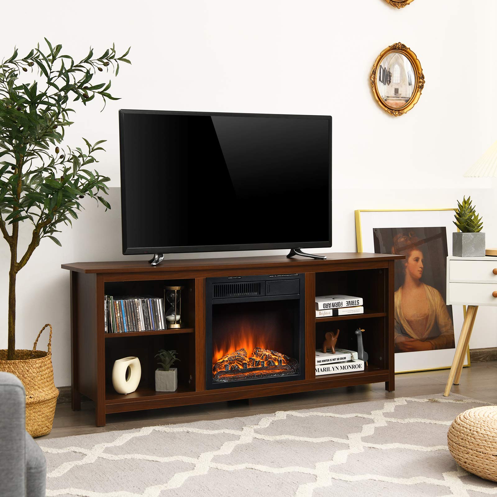 Tangkula Fireplace TV Stand, 58 Inches Entertainment Media Console Center w/18 Inches 1500W Electric Fireplace, w/Remote Control and Adjustable Brightness, TV Stand Fireplace for TV Up to 65 Inches