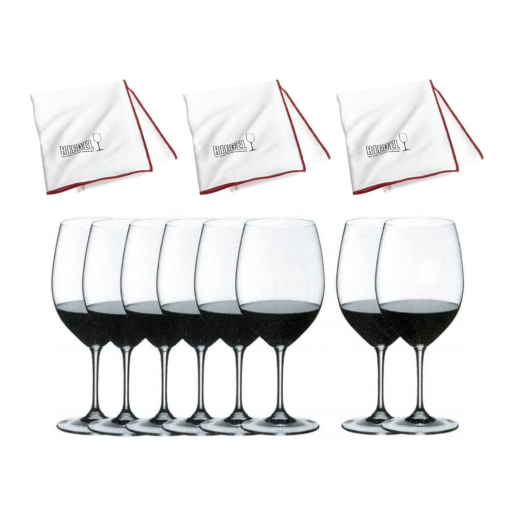 Riedel Vinum Bordeaux Wine Glasses (8-Pack) Bundle with Microfiber Polishing Cloth (3-Pack) (4 Items)