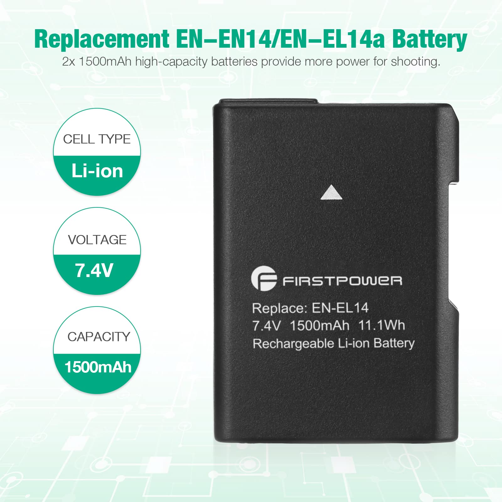 FirstPower EN-EL14 EN-EL14a Batteries for Nikon D3500 D3400 D3300 D3200 D3100 D5600 D5500 D5300 D5200 D5100 DF Coolpix P7000 P7100 P7700 P7800 (2-Pack, 1500mAh)