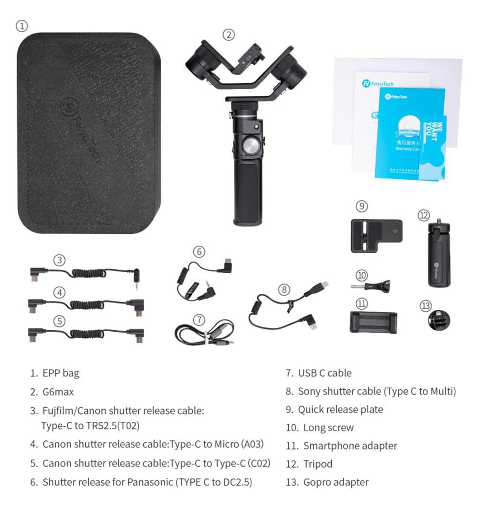 FeiyuTech G6 Max Camera Gimbal Stabilizer for Lightweight Mirrorless/Action/Pocket Camera,Smartphone, for SonyZV1 a6300/a6500 Canon 200D M50, for iPhone12 Pro Max GoproHero 8/9 Android app,Max 2.4lb