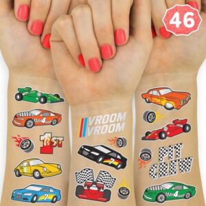xo, fetti race car party supplies temporary tattoos - 46 foil styles | racecar birthday, pit crew, checkered flags, vroom, wheels