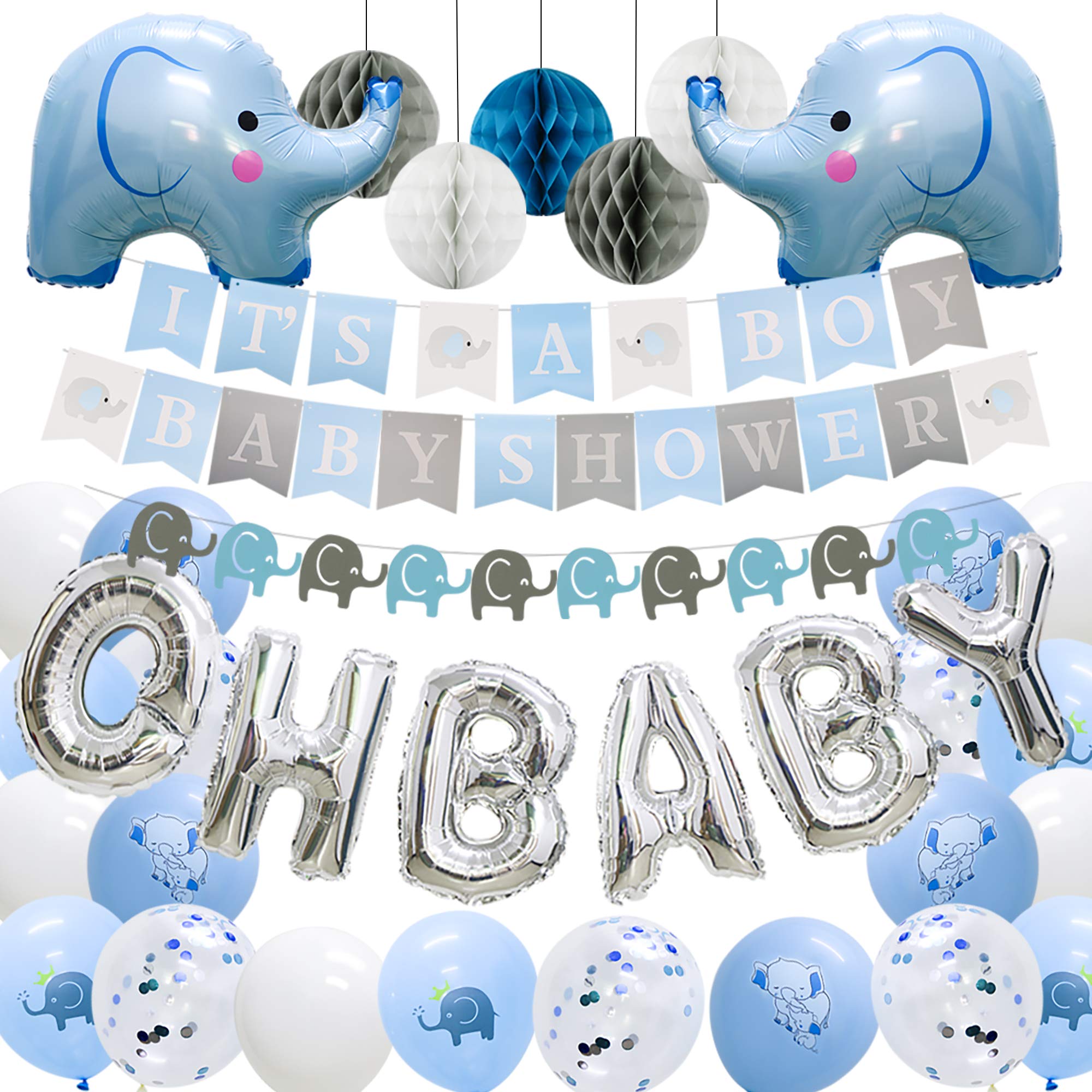 ADLKGG Baby Shower Decorations for Boy Elephant - Elephant Garland, It's A Boy Baby Shower Banners, Oh Baby Balloons, Elephant Balloons, Confetti Balloon, Paper Honeycomb Balls - Blue