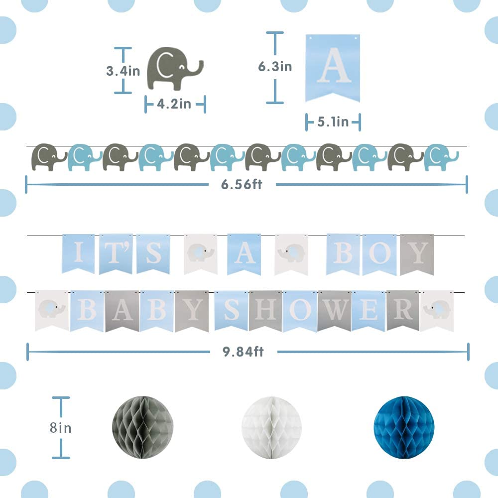 ADLKGG Baby Shower Decorations for Boy Elephant - Elephant Garland, It's A Boy Baby Shower Banners, Oh Baby Balloons, Elephant Balloons, Confetti Balloon, Paper Honeycomb Balls - Blue