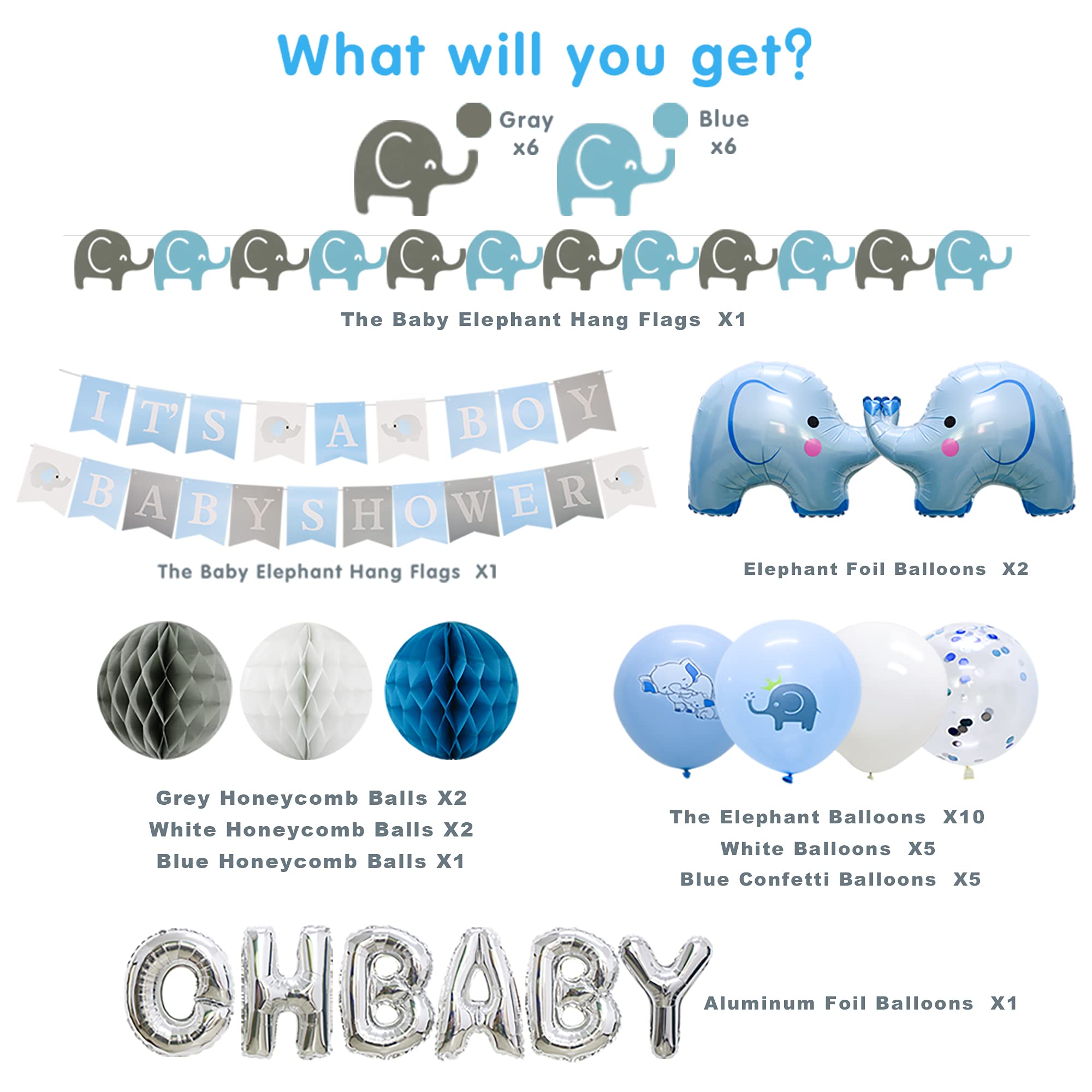 ADLKGG Baby Shower Decorations for Boy Elephant - Elephant Garland, It's A Boy Baby Shower Banners, Oh Baby Balloons, Elephant Balloons, Confetti Balloon, Paper Honeycomb Balls - Blue