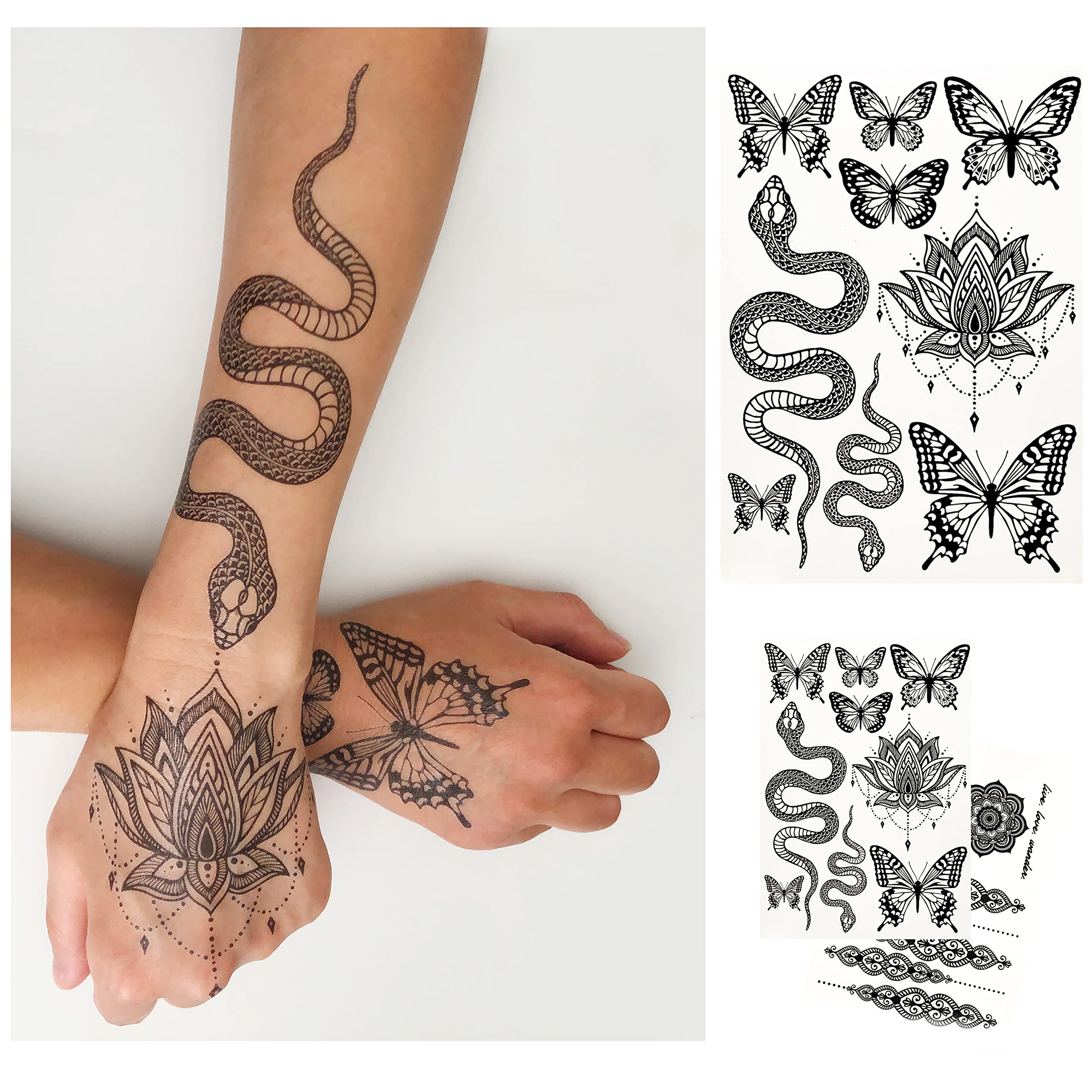 Temporary Tattoos for Adult Women - 2 Sheets - Black Big Snake Butterfly Lotus Mandala Medallion Sexy Small Butterflies Sleeve Words Adults Tattoo