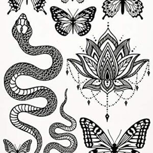 Temporary Tattoos for Adult Women - 2 Sheets - Black Big Snake Butterfly Lotus Mandala Medallion Sexy Small Butterflies Sleeve Words Adults Tattoo