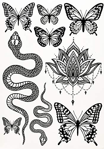 Temporary Tattoos for Adult Women - 2 Sheets - Black Big Snake Butterfly Lotus Mandala Medallion Sexy Small Butterflies Sleeve Words Adults Tattoo