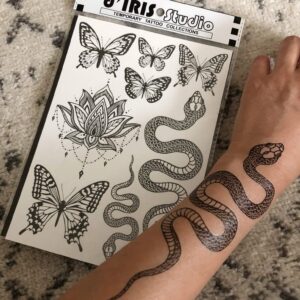 Temporary Tattoos for Adult Women - 2 Sheets - Black Big Snake Butterfly Lotus Mandala Medallion Sexy Small Butterflies Sleeve Words Adults Tattoo