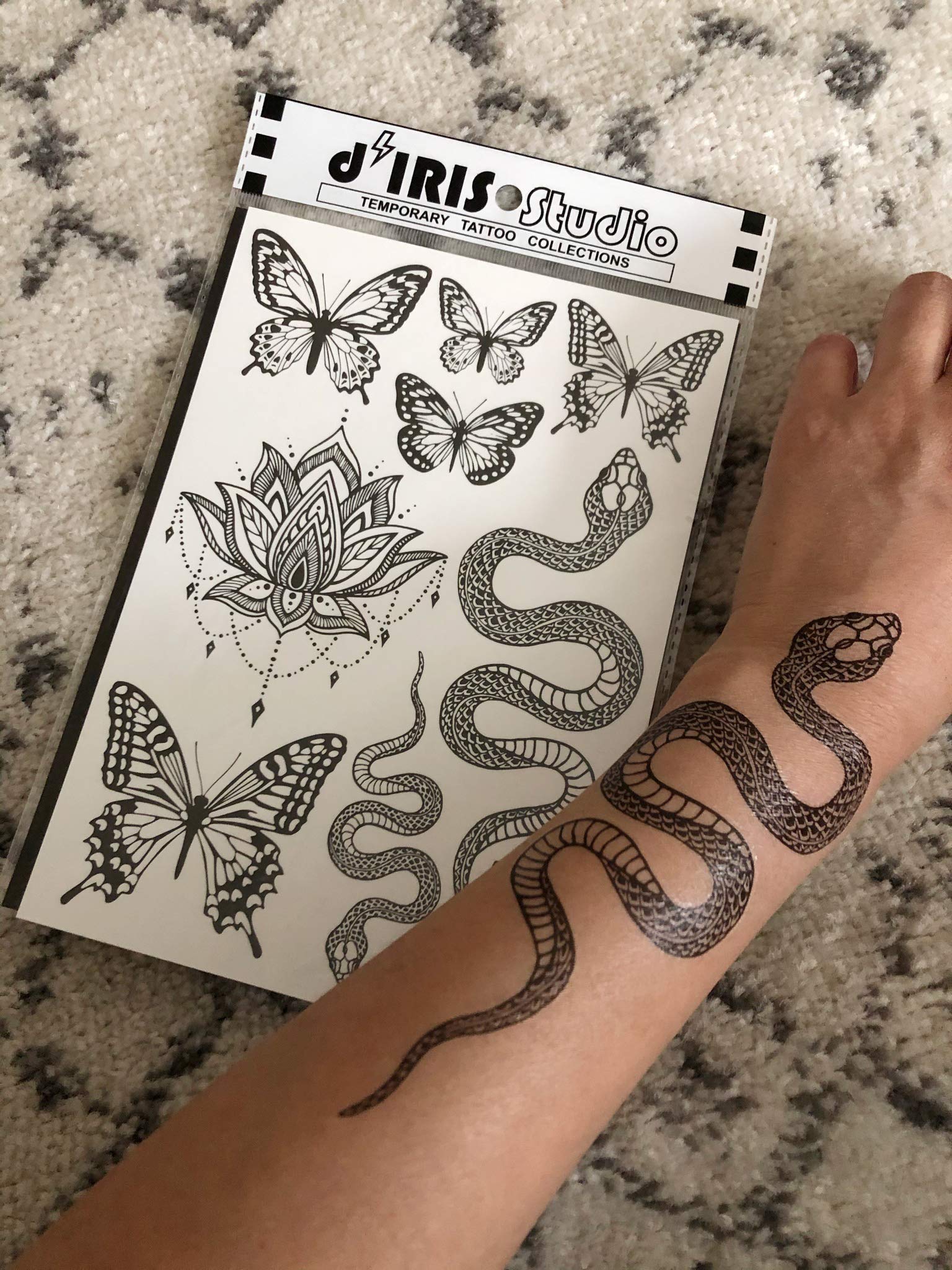 Temporary Tattoos for Adult Women - 2 Sheets - Black Big Snake Butterfly Lotus Mandala Medallion Sexy Small Butterflies Sleeve Words Adults Tattoo