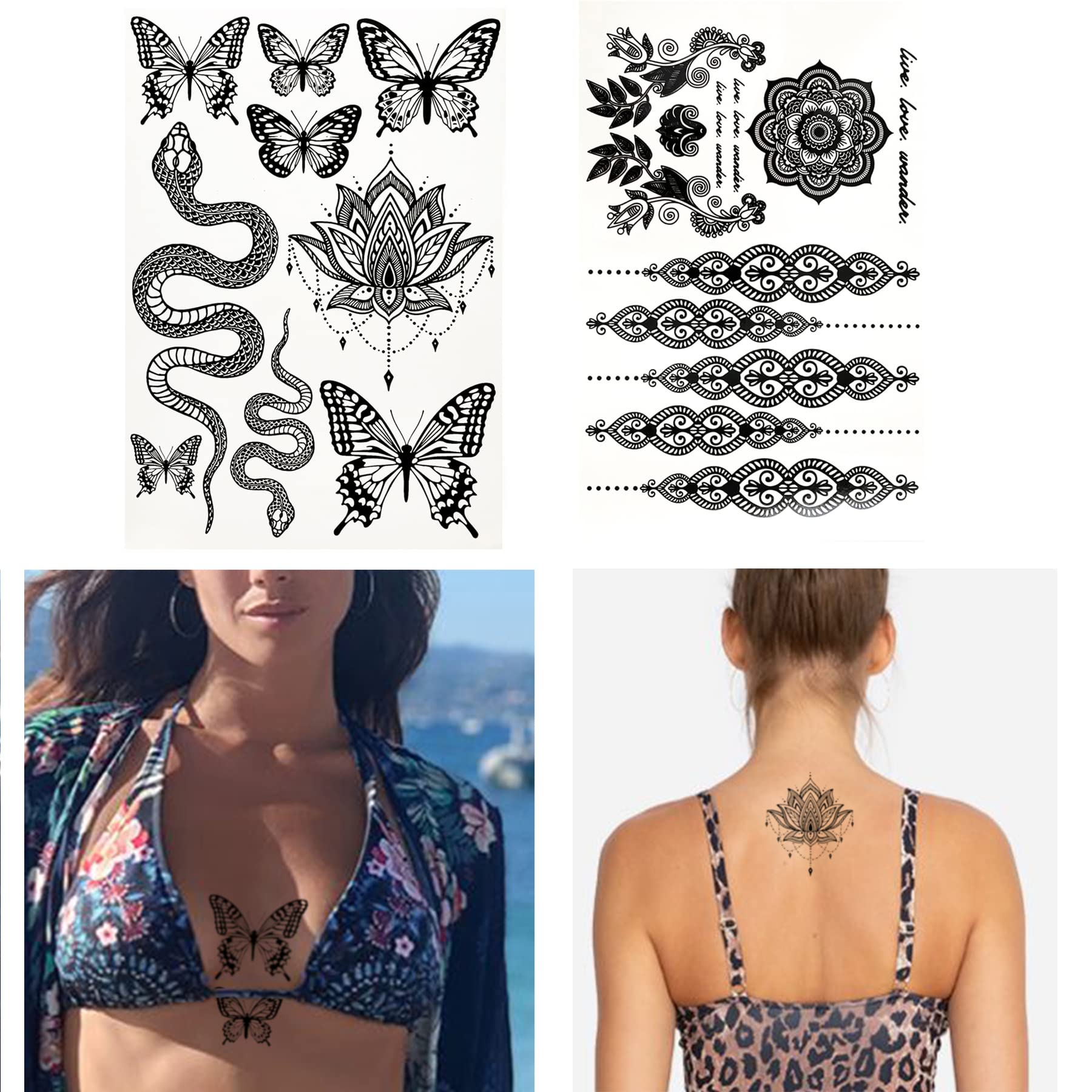 Temporary Tattoos for Adult Women - 2 Sheets - Black Big Snake Butterfly Lotus Mandala Medallion Sexy Small Butterflies Sleeve Words Adults Tattoo