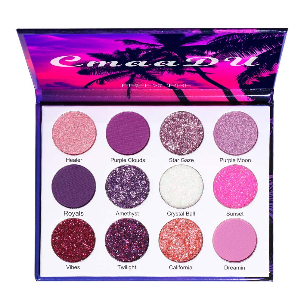 BINGBRUSH 12 Colors Glitter Purple Pink Cheap Eyeshadow Makeup Palette,Bright High Pigmented Metallic Shimmer Rainbow Colorful Pressed Eyeshadow Eye Makeup Set for Girls