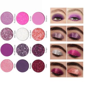 BINGBRUSH 12 Colors Glitter Purple Pink Cheap Eyeshadow Makeup Palette,Bright High Pigmented Metallic Shimmer Rainbow Colorful Pressed Eyeshadow Eye Makeup Set for Girls