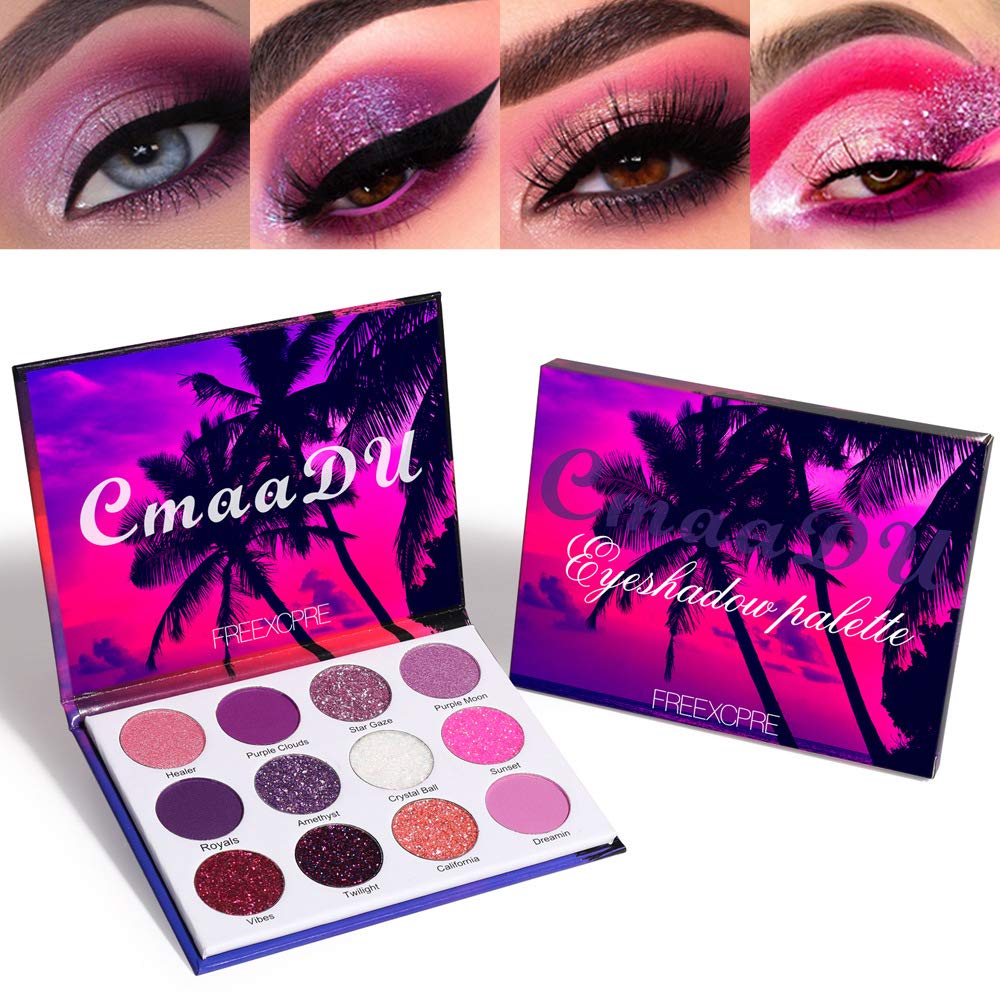 BINGBRUSH 12 Colors Glitter Purple Pink Cheap Eyeshadow Makeup Palette,Bright High Pigmented Metallic Shimmer Rainbow Colorful Pressed Eyeshadow Eye Makeup Set for Girls