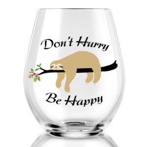 agmdesign don't hurry be happy wine glass, cute funny sloth stemless wine glass for women, sister, mom, best friend, sloths birthday gifts & party decor