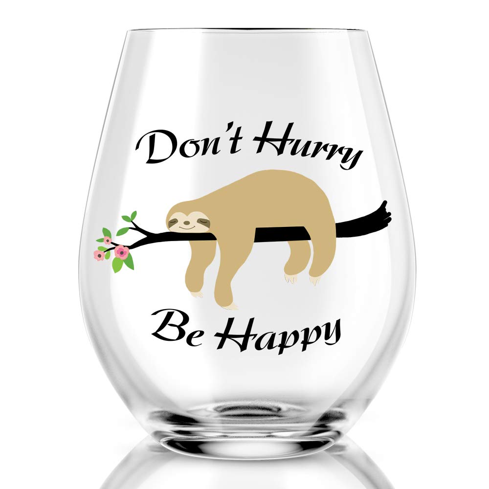 AGMDESIGN Don't Hurry Be Happy Wine Glass, Cute Funny Sloth Stemless Wine Glass for Women, Sister, Mom, Best Friend, Sloths Birthday Gifts & Party Decor