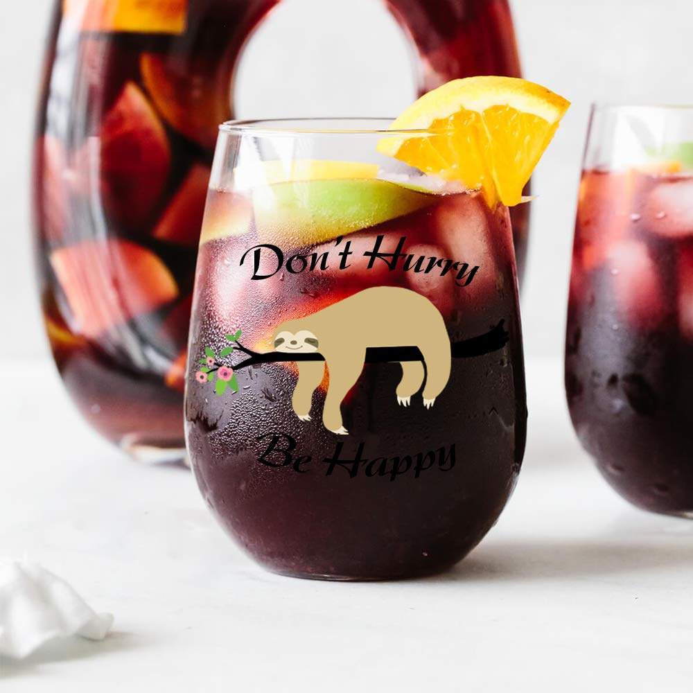 AGMDESIGN Don't Hurry Be Happy Wine Glass, Cute Funny Sloth Stemless Wine Glass for Women, Sister, Mom, Best Friend, Sloths Birthday Gifts & Party Decor