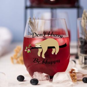 AGMDESIGN Don't Hurry Be Happy Wine Glass, Cute Funny Sloth Stemless Wine Glass for Women, Sister, Mom, Best Friend, Sloths Birthday Gifts & Party Decor