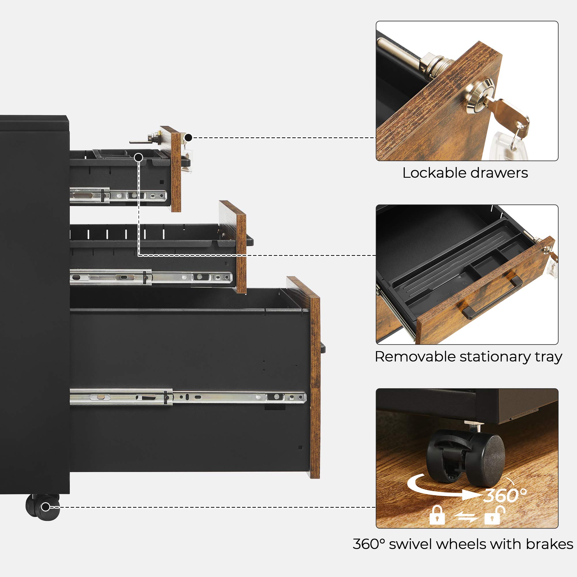 SONGMICS Steel File Cabinet, Fully Assembled Except Wheels, for A4, Legal, Letter Sized Documents, Rustic Brown + Black, 17.7 x 14.4 x 23.2 Inches