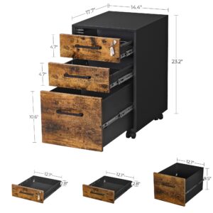 SONGMICS Steel File Cabinet, Fully Assembled Except Wheels, for A4, Legal, Letter Sized Documents, Rustic Brown + Black, 17.7 x 14.4 x 23.2 Inches