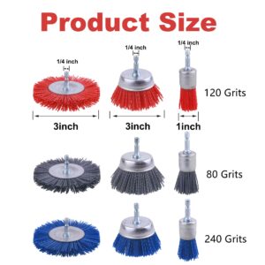Rocaris 9 Pack Nylon Filament Abrasive Wire Brush Wheel & Cup Brush Set with 1/4 Inch Hex Shank, for Removal of Rust/Corrosion/Paint - 80 Grit, 120 Grit, 240 Grit