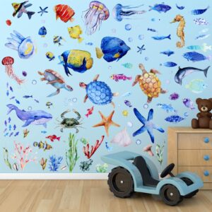 116 pieces ocean wall decals under the sea fish wall nursery decals removable peel and stick art for kids baby bedroom living room bathroom (lovely colors)