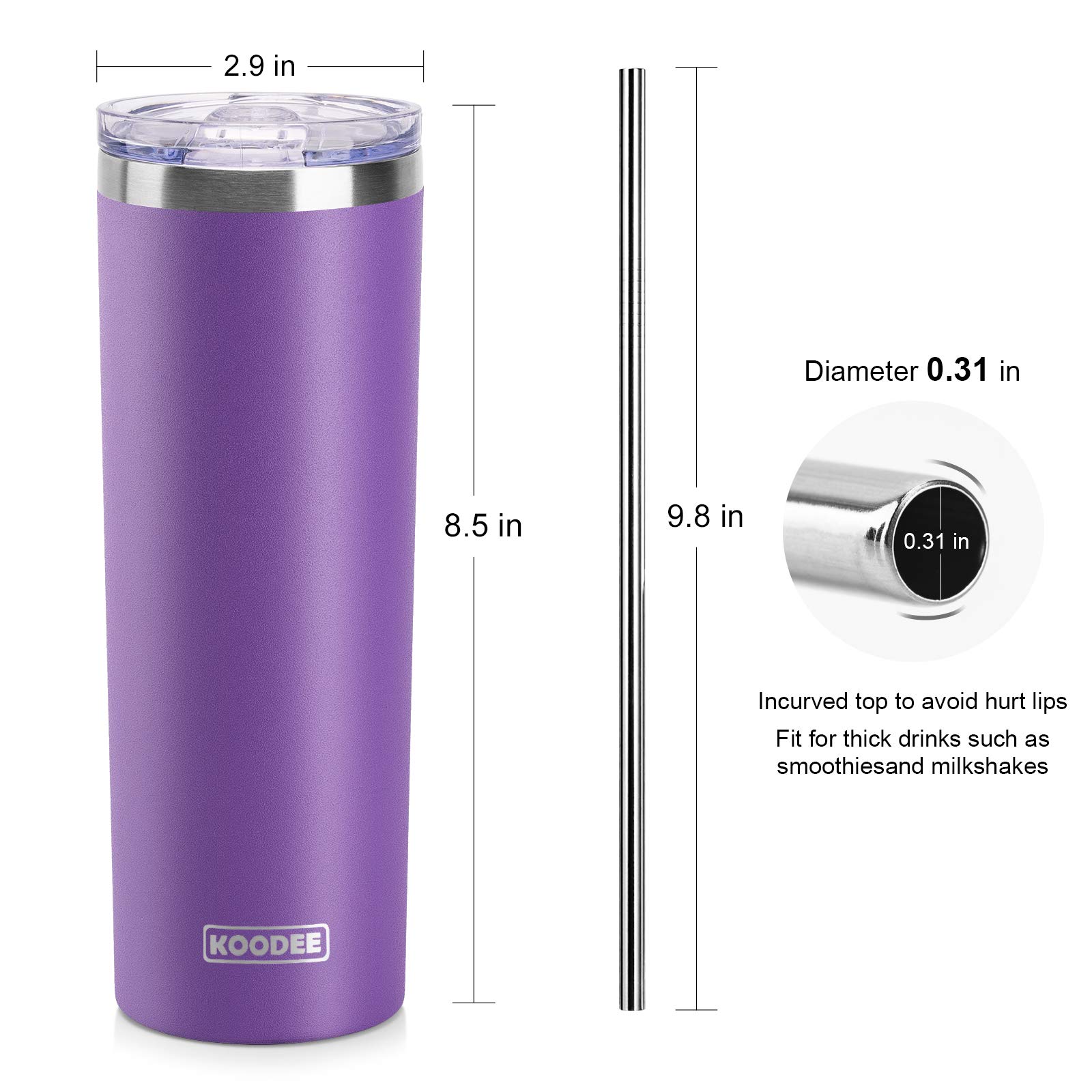 koodee 20 oz Skinny Tumbler with Straw, Stainless Steel Double Wall Insulated Slim Tumbler for Women/Men Diy Birthday Gift (Purple)