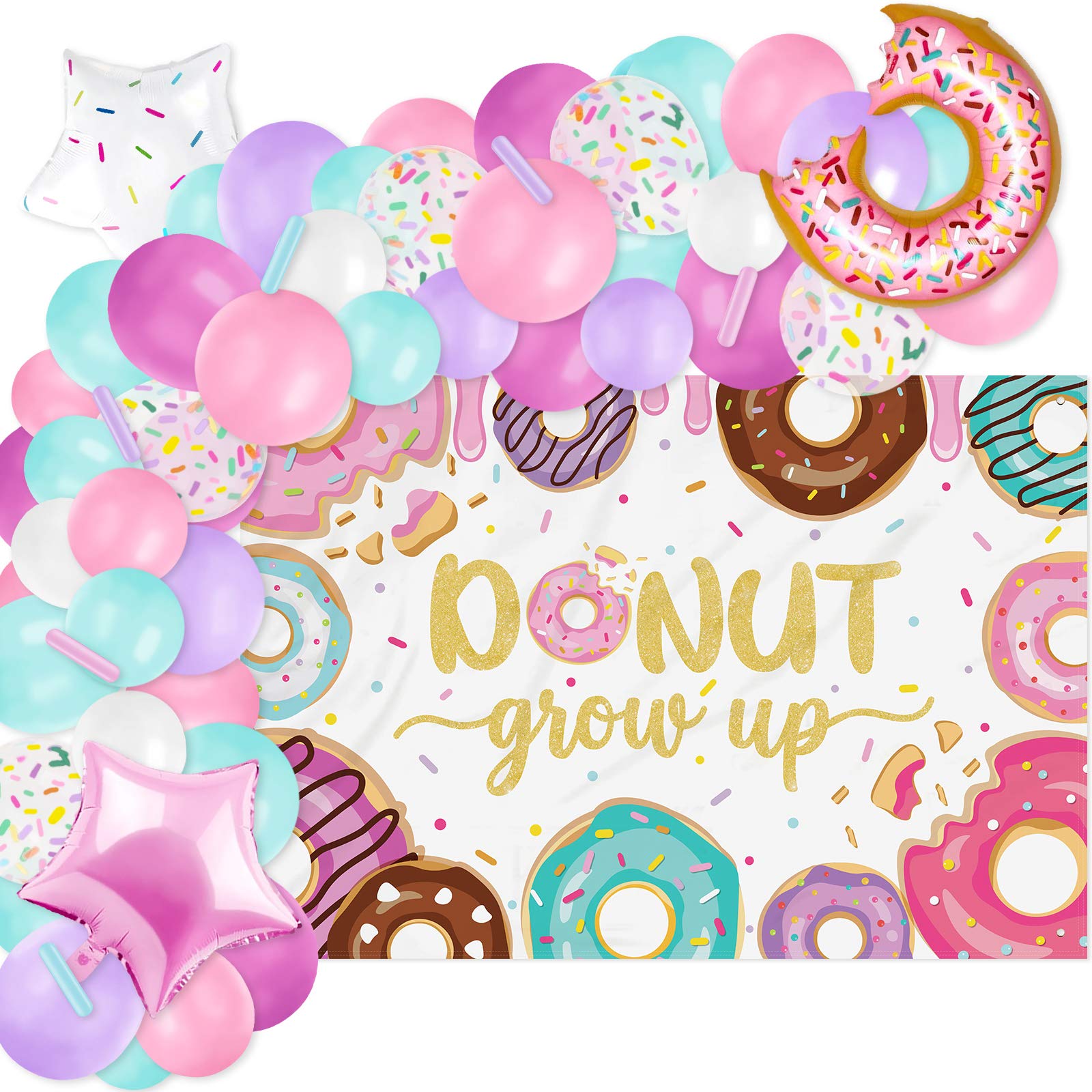 Donut Grow Up Photo Backdrop Banner And Balloons Garland Pastel Sprinkles Decoration Kits Confetti Doughnut Centerpiece Kids B-day Party Photography Background Ideas