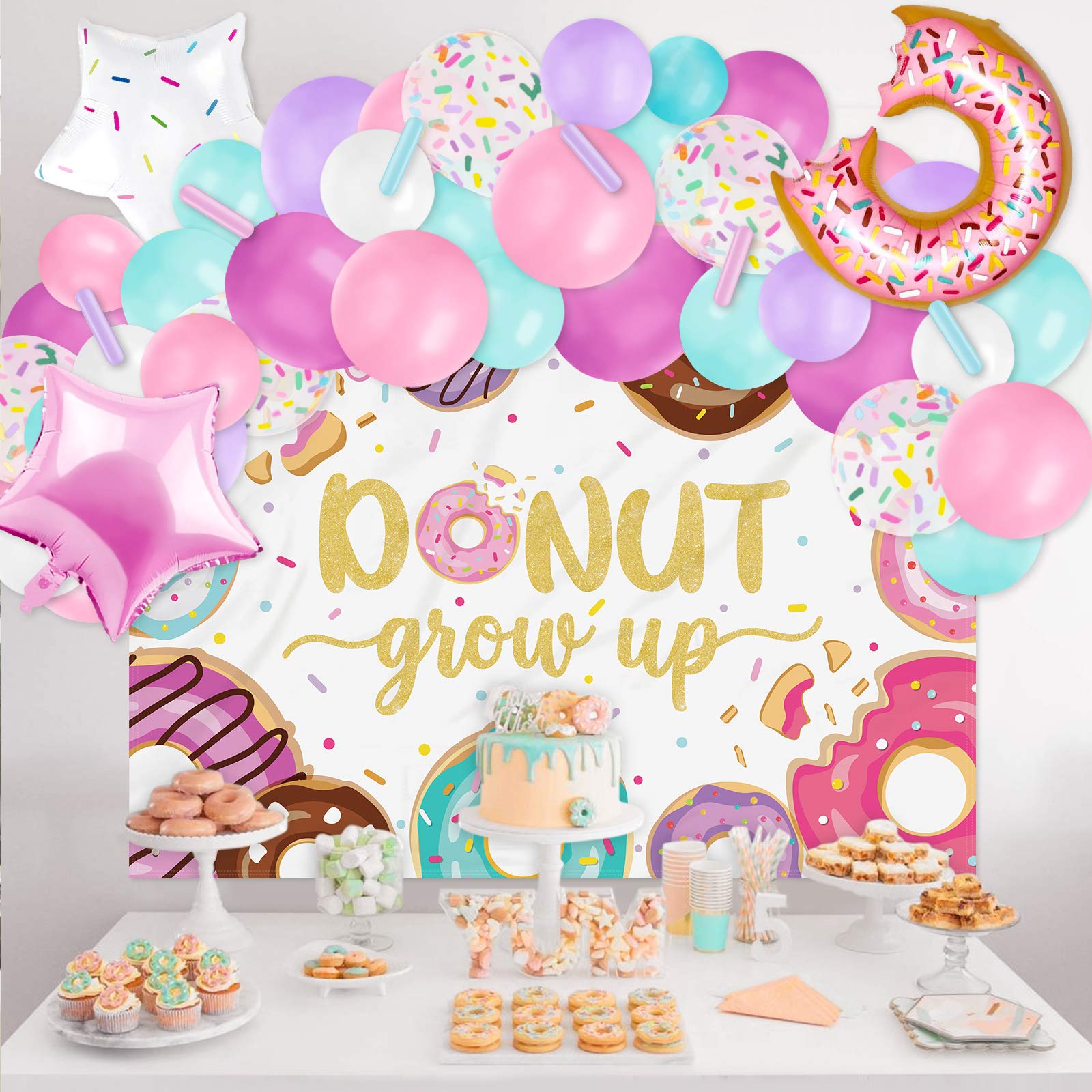 Donut Grow Up Photo Backdrop Banner And Balloons Garland Pastel Sprinkles Decoration Kits Confetti Doughnut Centerpiece Kids B-day Party Photography Background Ideas