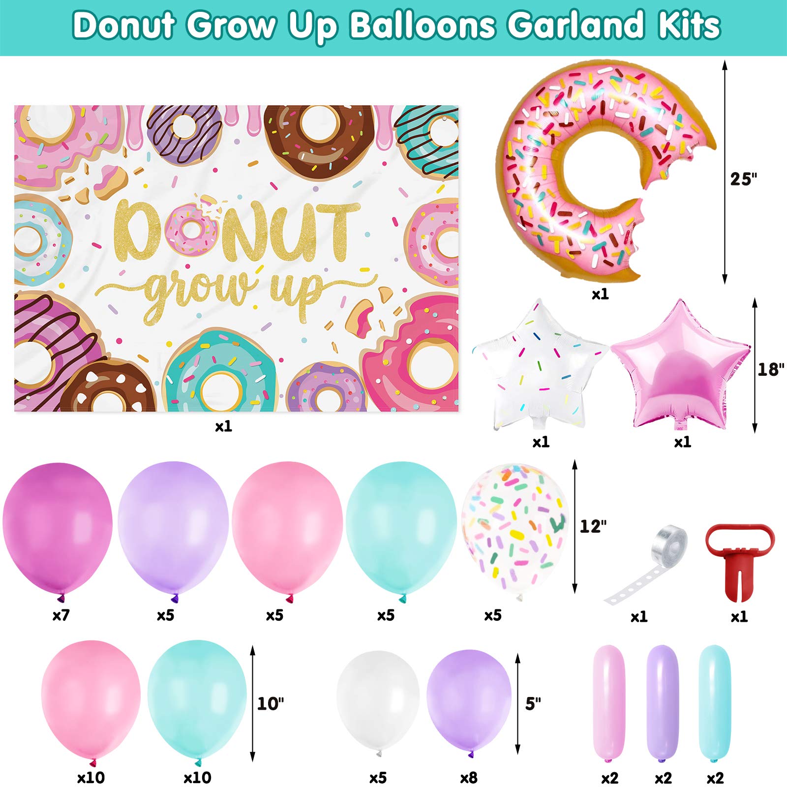 Donut Grow Up Photo Backdrop Banner And Balloons Garland Pastel Sprinkles Decoration Kits Confetti Doughnut Centerpiece Kids B-day Party Photography Background Ideas