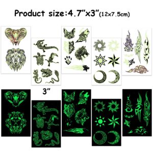 HOWAF Glow in Dark Temporary Tattoos for Adult Men Women Kids(14 Sheets), Waterproof Temporary Tattoo Moon Sun Wolf Lion Totem Fake Tattoos Body Art Sticker Arm Hand Neck Wrist