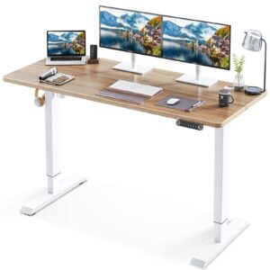 kkl 55-inch height adjustable electric standing desk, 55 x 28 inches stand up desk with splice board and hook, sit stand desk with greige top and white frame