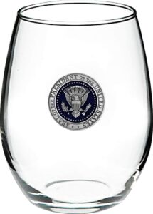 white house gifts: presidential seal glass pewter wine tumbler (15 oz) stemless wine glass with fine pewter casting on presidential symbol - perfect souvenir or home bar collectible - made in the usa_ab