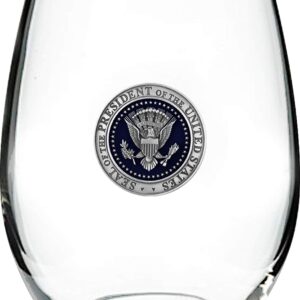 White House Gifts: Presidential Seal Glass Pewter Wine Tumbler (15 oz) Stemless Wine Glass with Fine Pewter Casting on Presidential Symbol - Perfect Souvenir or Home Bar Collectible - Made in the USA_AB