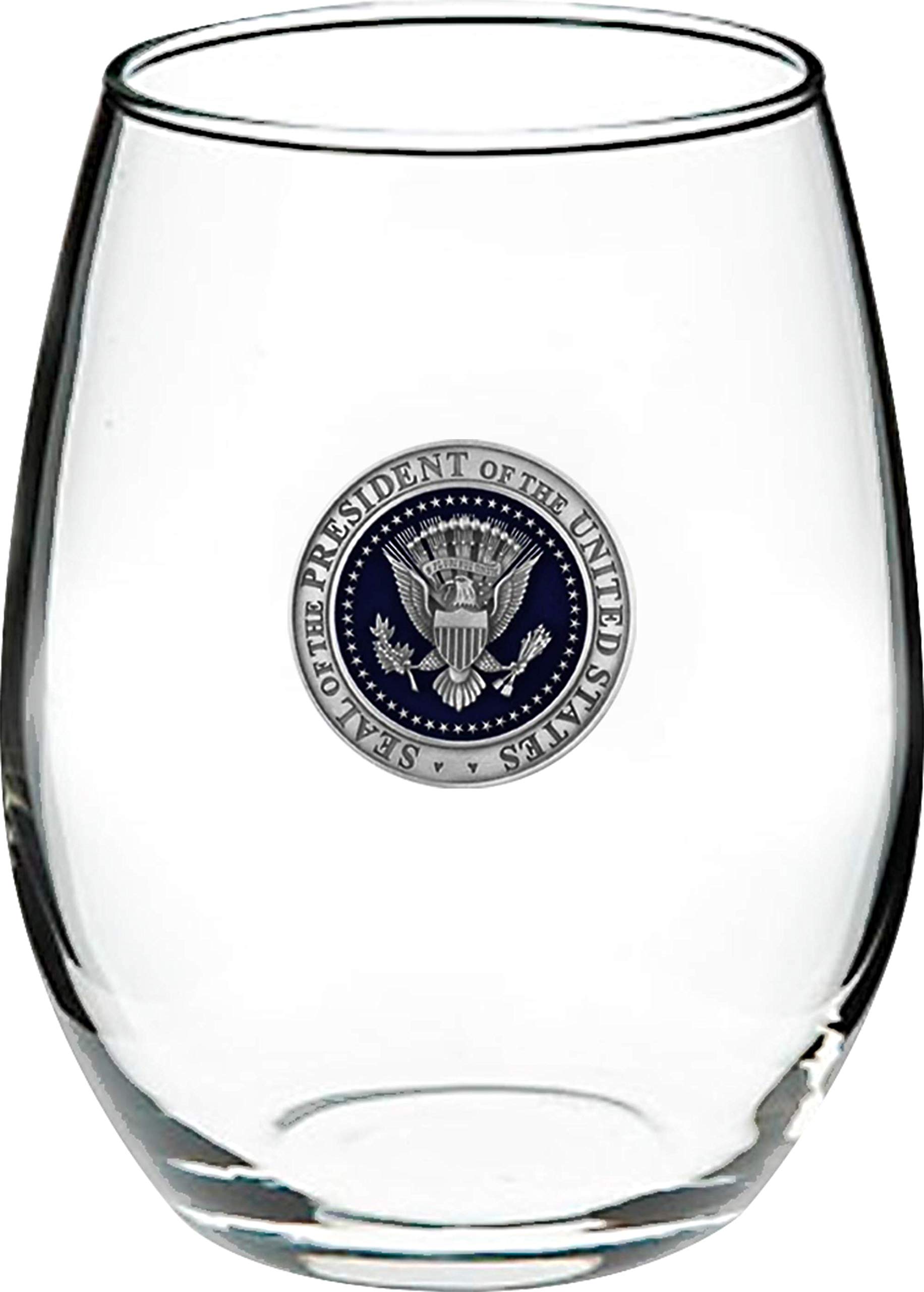 White House Gifts: Presidential Seal Glass Pewter Wine Tumbler (15 oz) Stemless Wine Glass with Fine Pewter Casting on Presidential Symbol - Perfect Souvenir or Home Bar Collectible - Made in the USA_AB